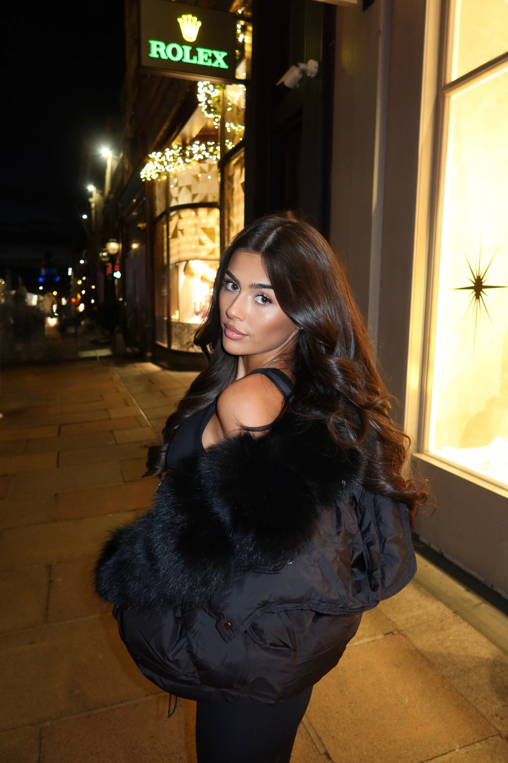 Black luxe fur puffer jacket